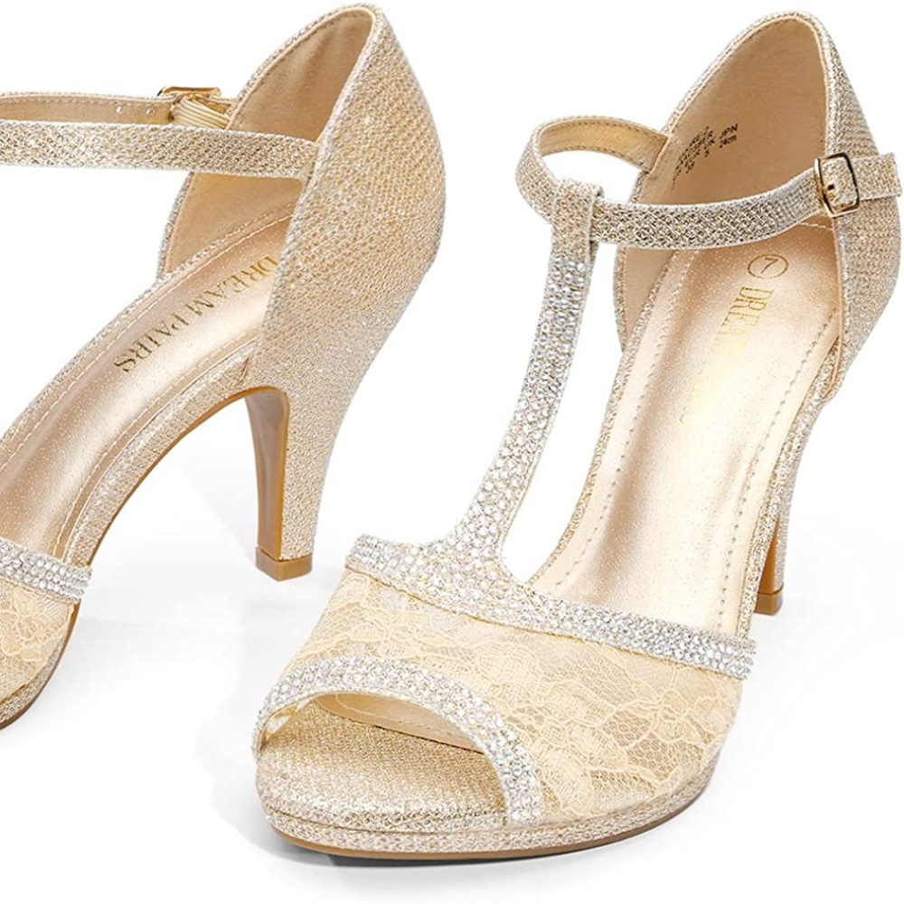 Dreampairs women's gold glitter strap heels size 7.5